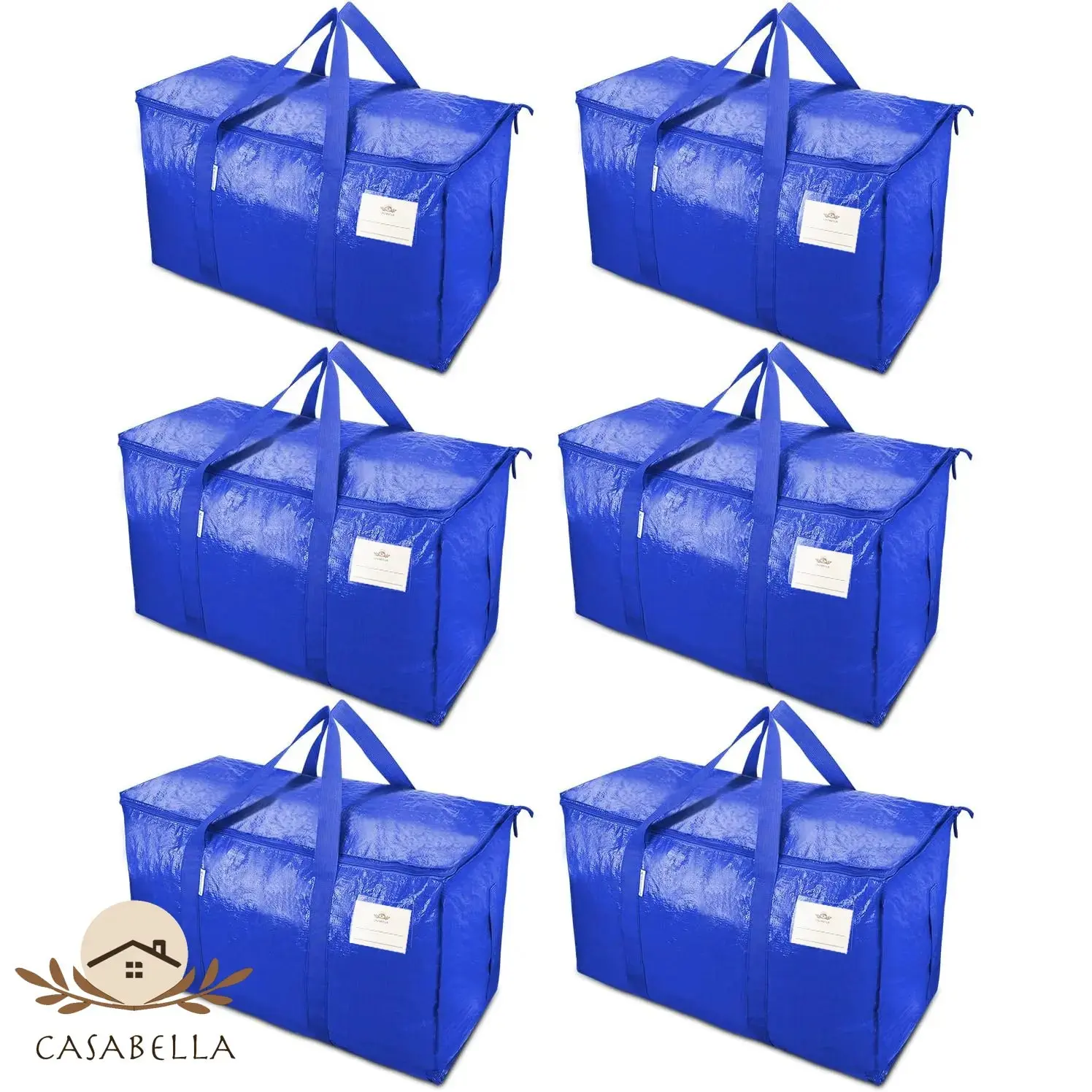 Five cobalt blue CasaBella 24-gallon moving bags grouped on a white background