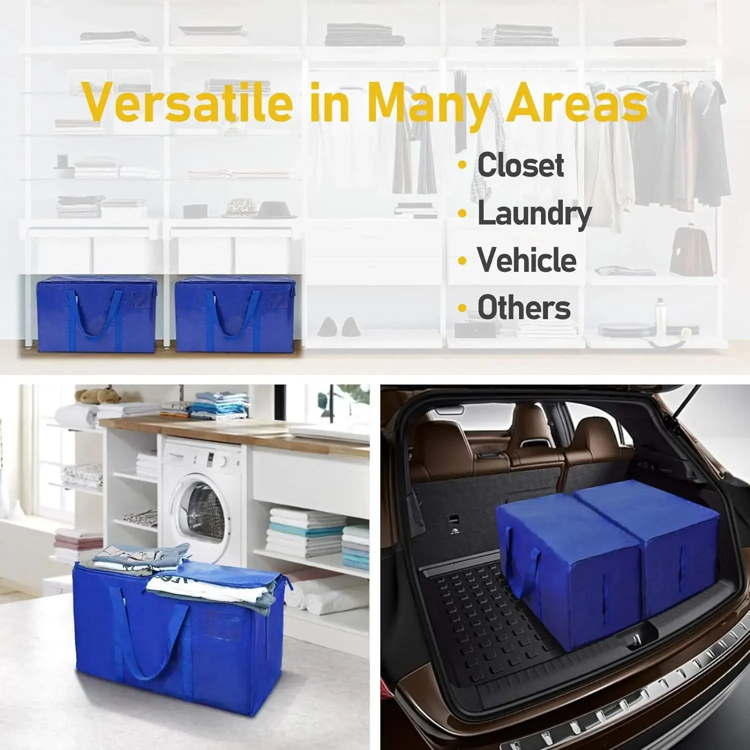 Cobalt blue CasaBella bags on a light wood floor in a living room
