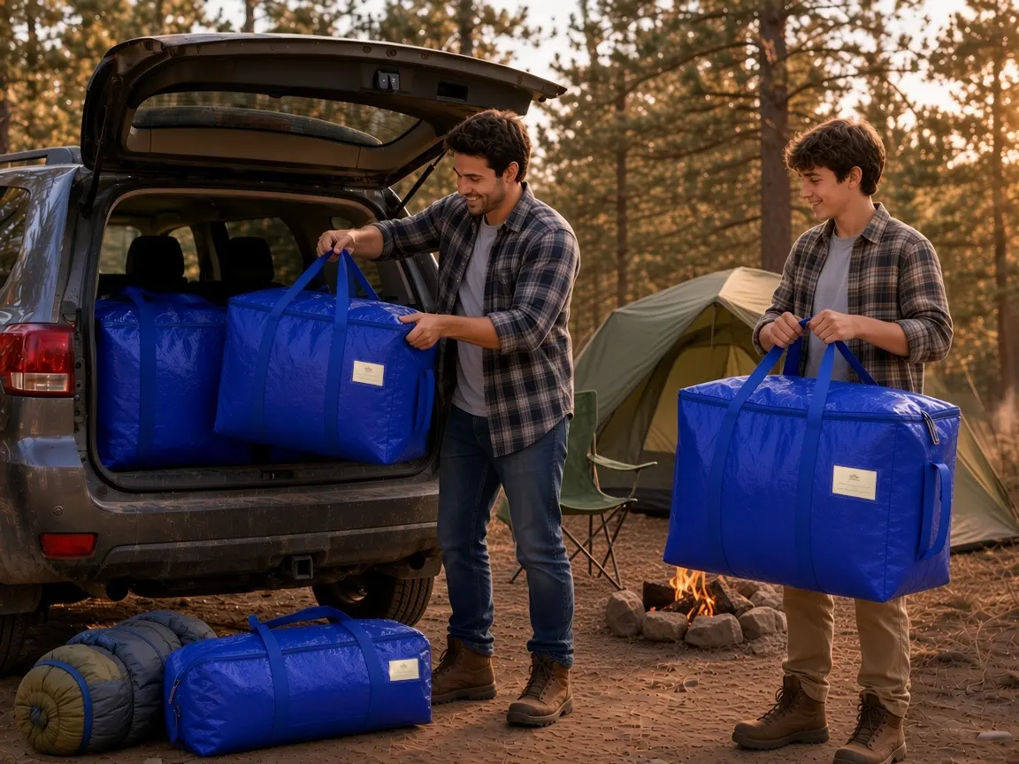Two cobalt blue CasaBella bags in an open car trunk with camping gear
